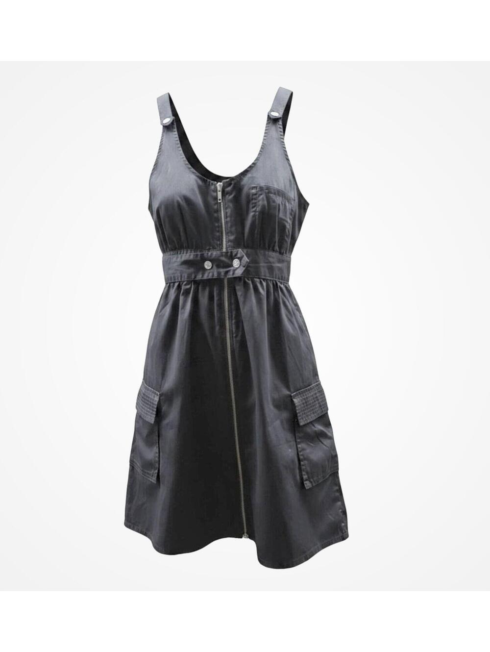Split Cotton Front=Zip Sleeveless Utility Mini Cargo Dress With Racerback  Sm